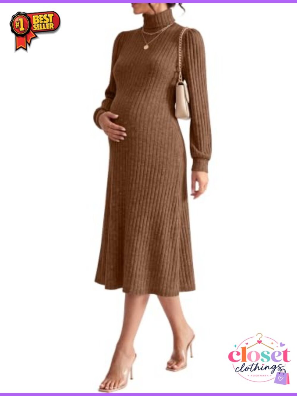 Maternity Turtleneck Sweater Dress Puff Sleeve Long Sleeve Casual